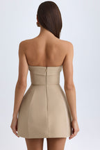 Chic Foldover-Neck Structured Tulip Mini Dress in Camel