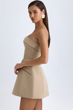 Chic Foldover-Neck Structured Tulip Mini Dress in Camel