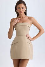 Chic Foldover-Neck Structured Tulip Mini Dress in Camel