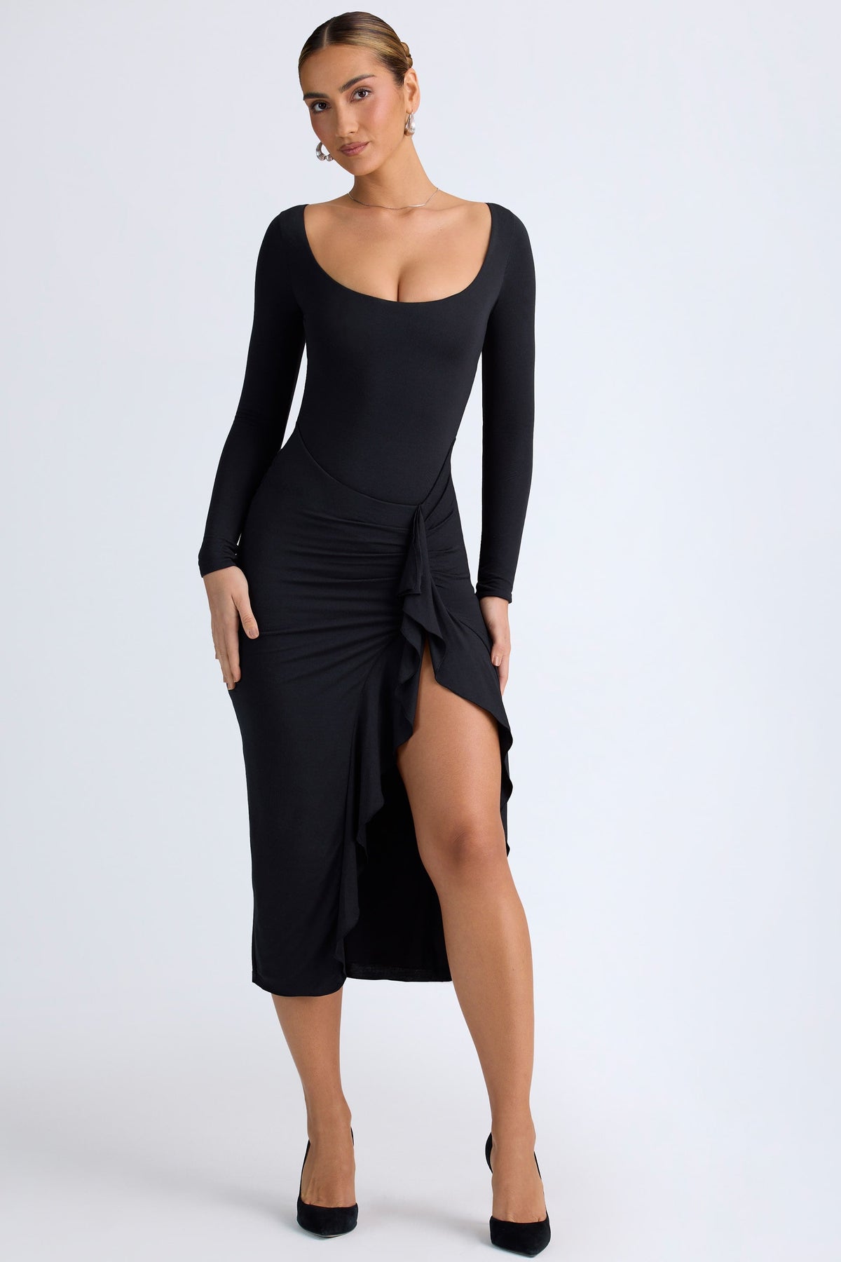 Chic Modal Ruffled Midaxi Dress in Black