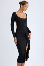 Chic Modal Ruffled Midaxi Dress in Black