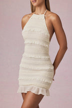 Chic Ruffled Backless Halterneck Mini Dress in Ivory