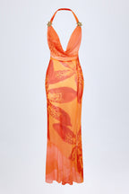 Chic Cowl-Neck Hardware-Detail Maxi Dress in Orange Orchid Print