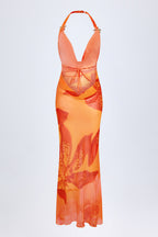 Chic Cowl-Neck Hardware-Detail Maxi Dress in Orange Orchid Print