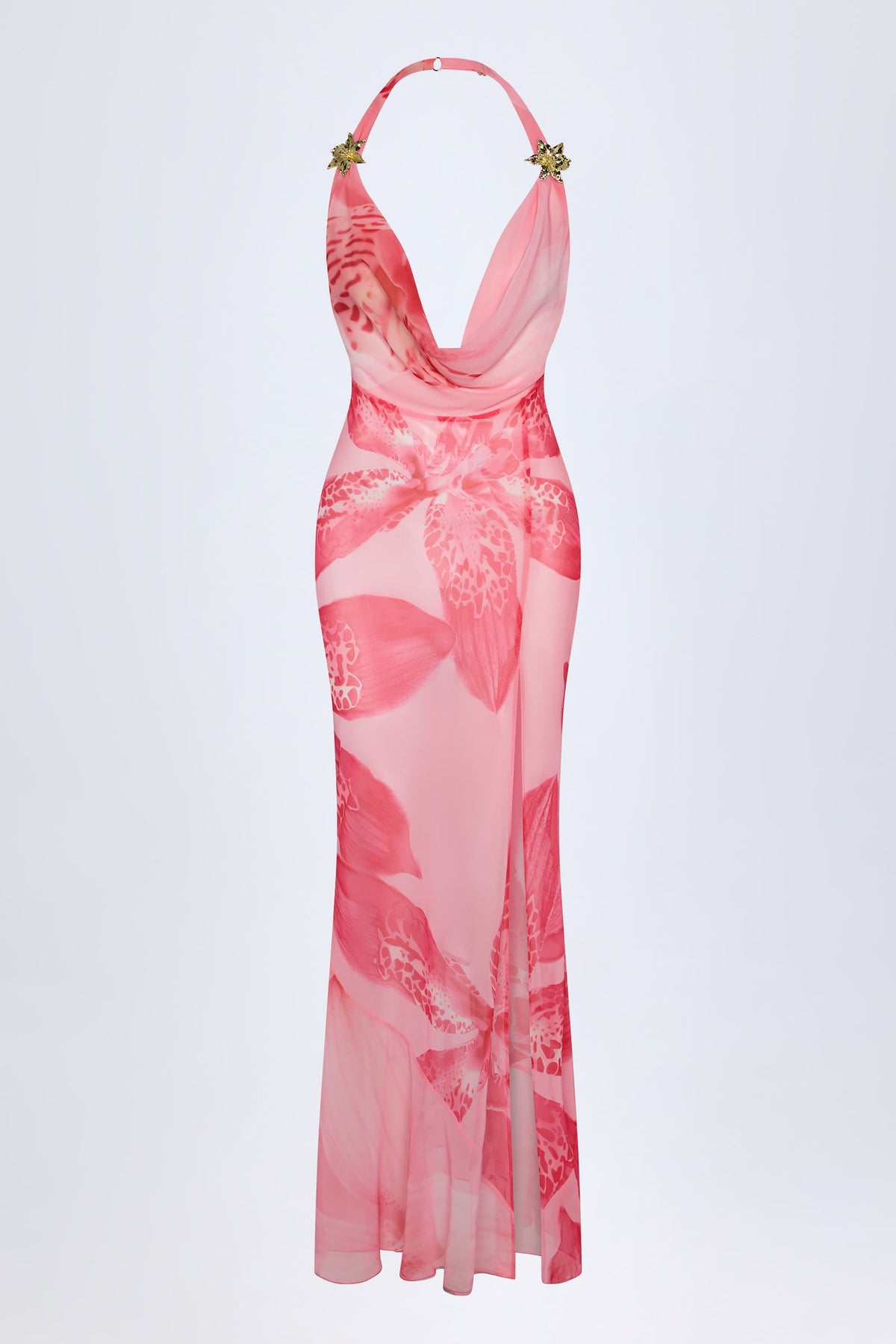 Chic Cowl-Neck Hardware-Detail Maxi Dress in Pink Orchid Print