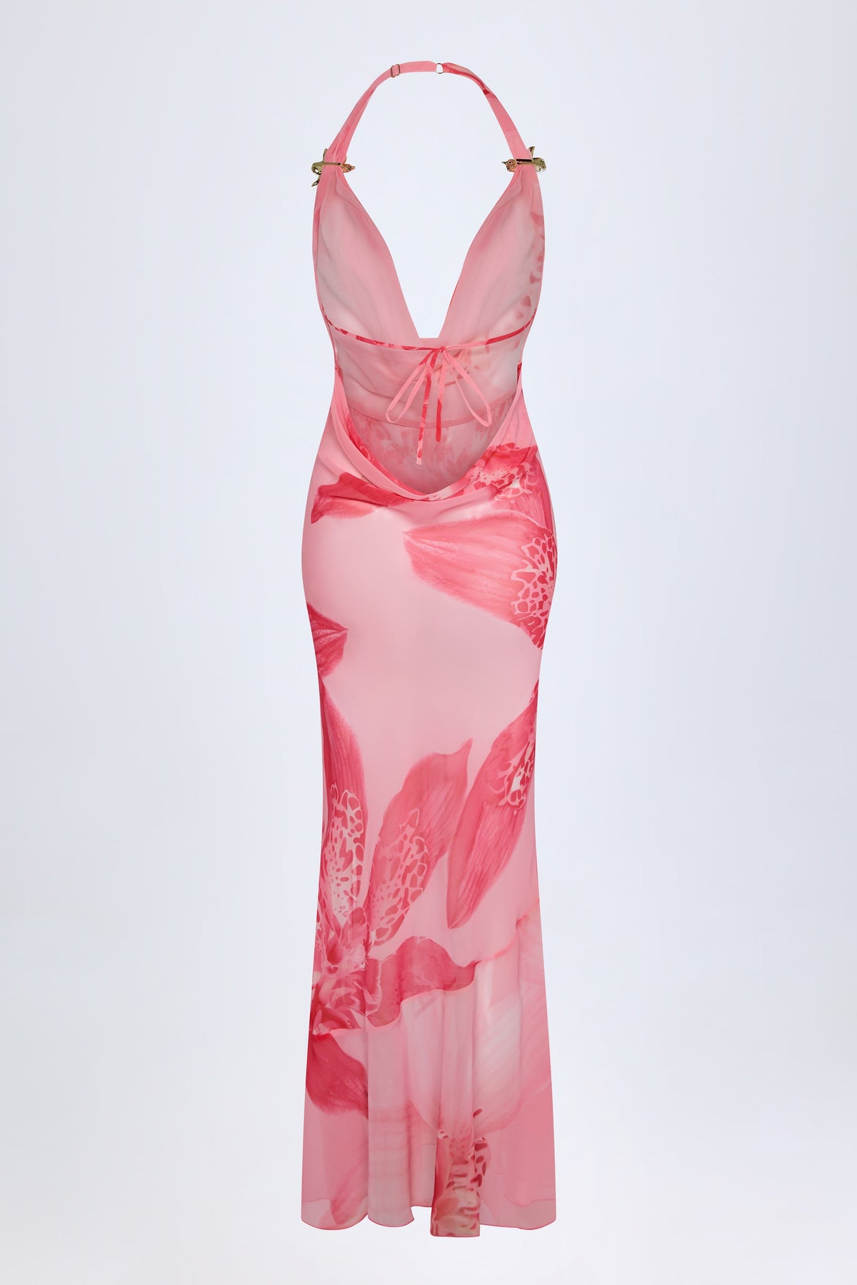 Chic Cowl-Neck Hardware-Detail Maxi Dress in Pink Orchid Print