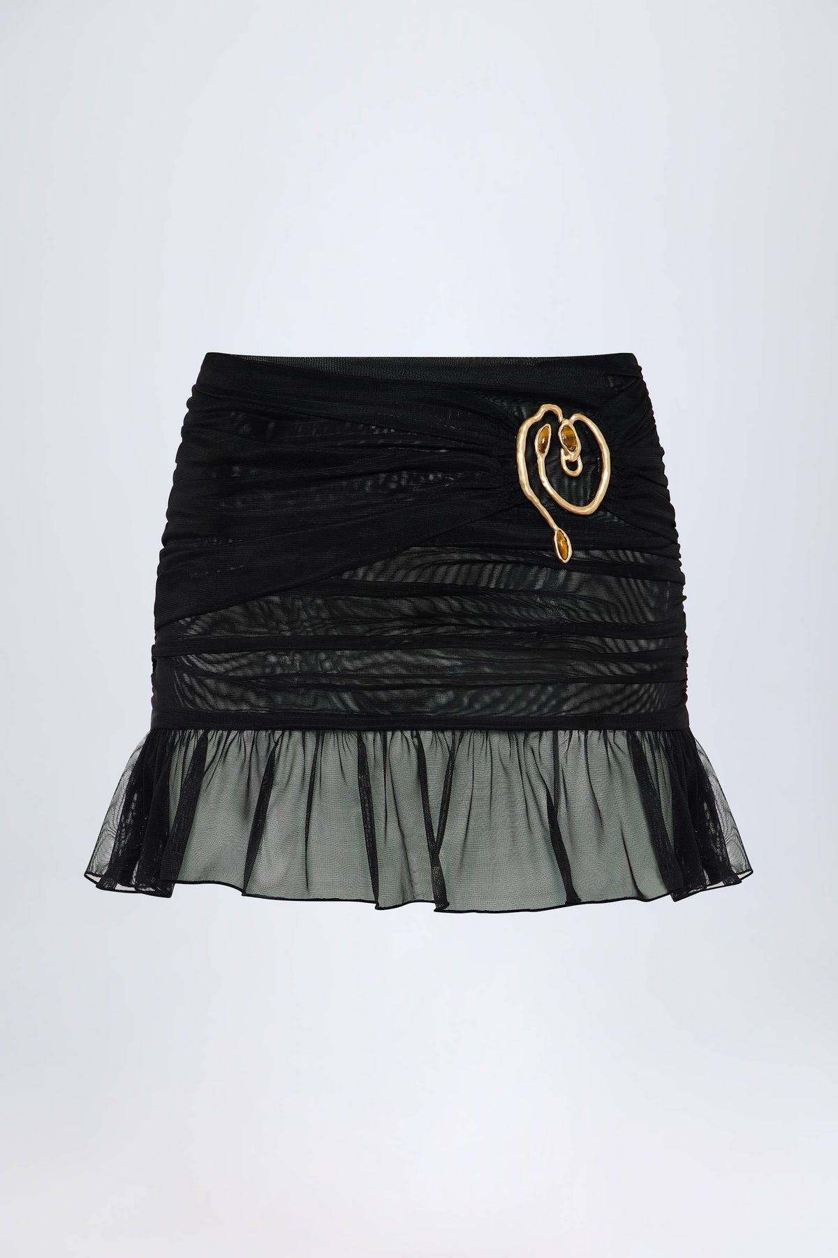 Chic Hardware-Detail Ruffled Mid-Rise Mini Skirt in Black