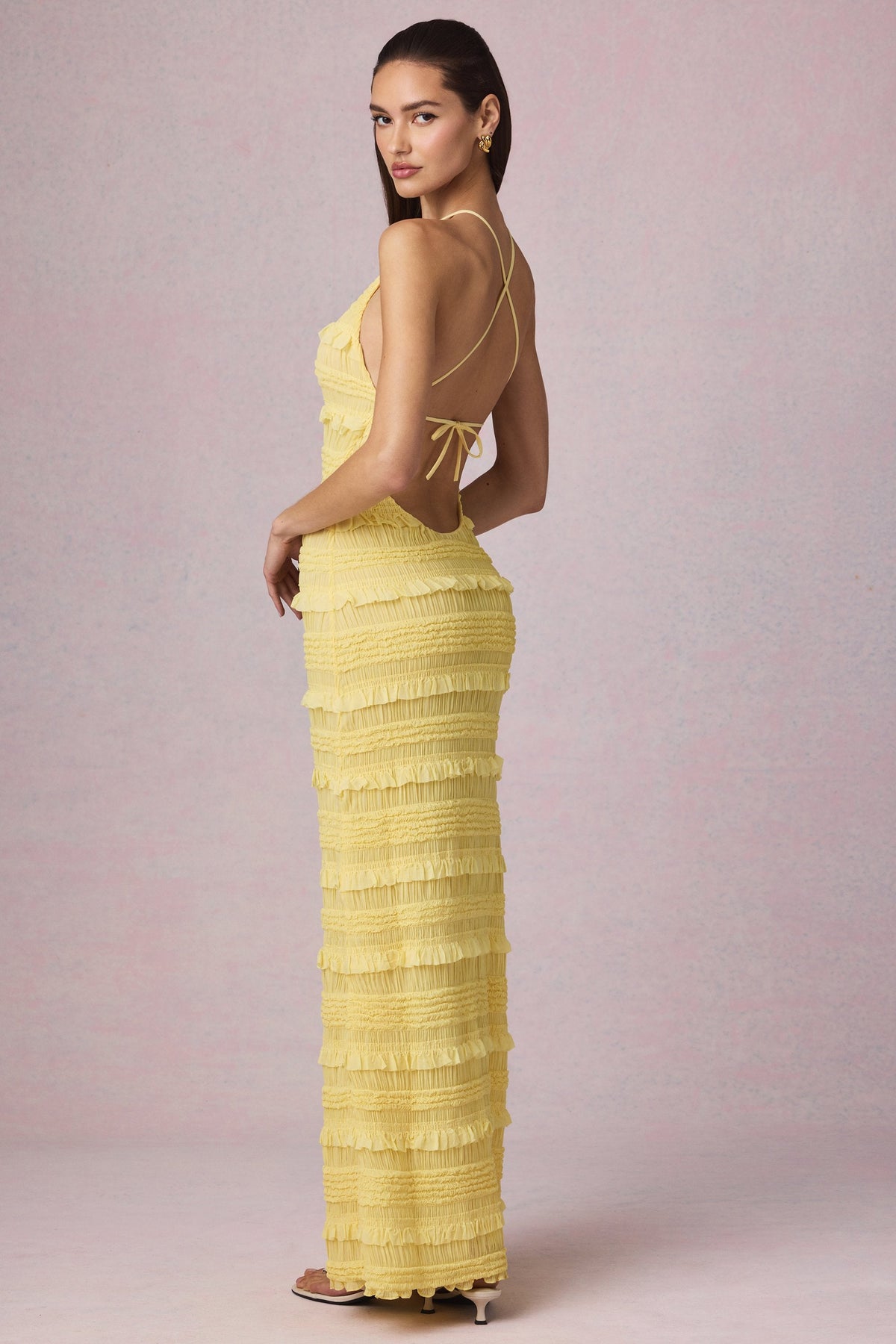 Chic Ruffled Backless Halterneck Maxi Dress in Lemon Yellow