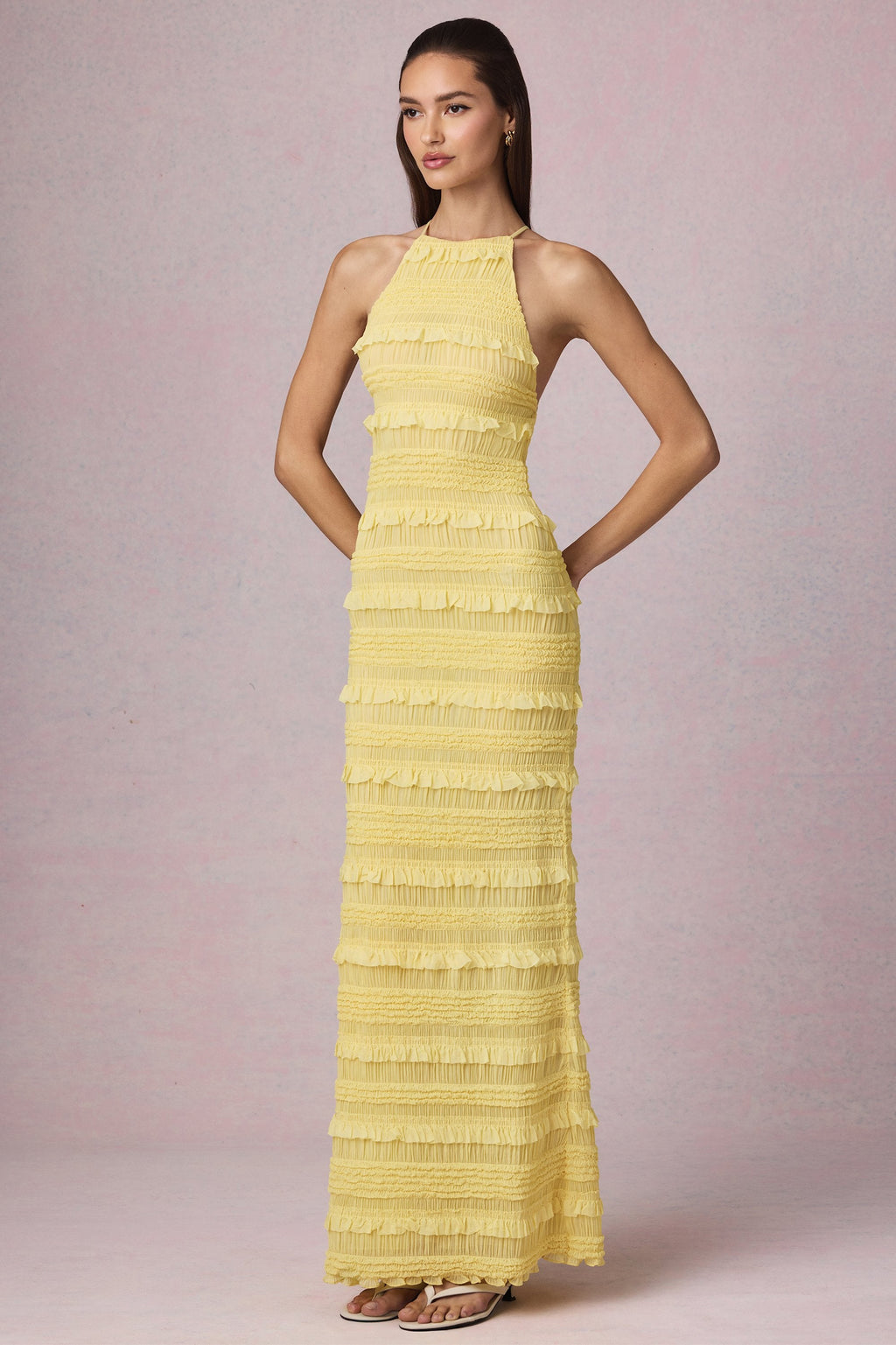 Chic Ruffled Backless Halterneck Maxi Dress in Lemon Yellow