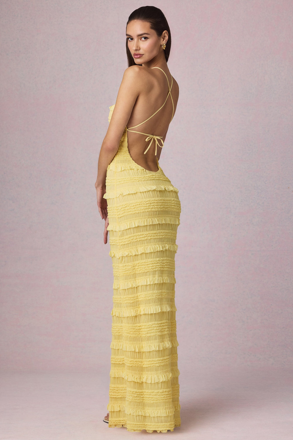 Chic Ruffled Backless Halterneck Maxi Dress in Lemon Yellow