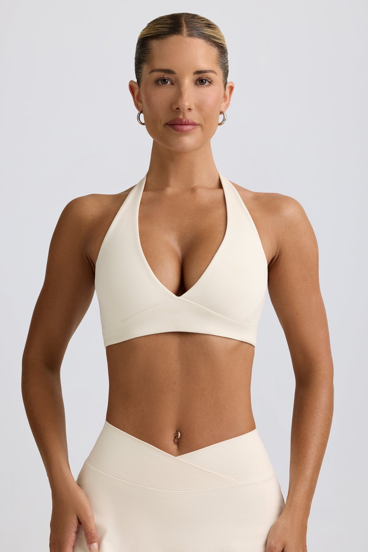 Chic Brushed Jersey V-Neck Sports Bra in Vanilla