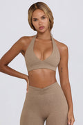 Chic Brushed Jersey V-Neck Sports Bra in Mocha Marl