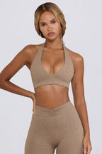 Chic Brushed Jersey V-Neck Sports Bra in Mocha Marl