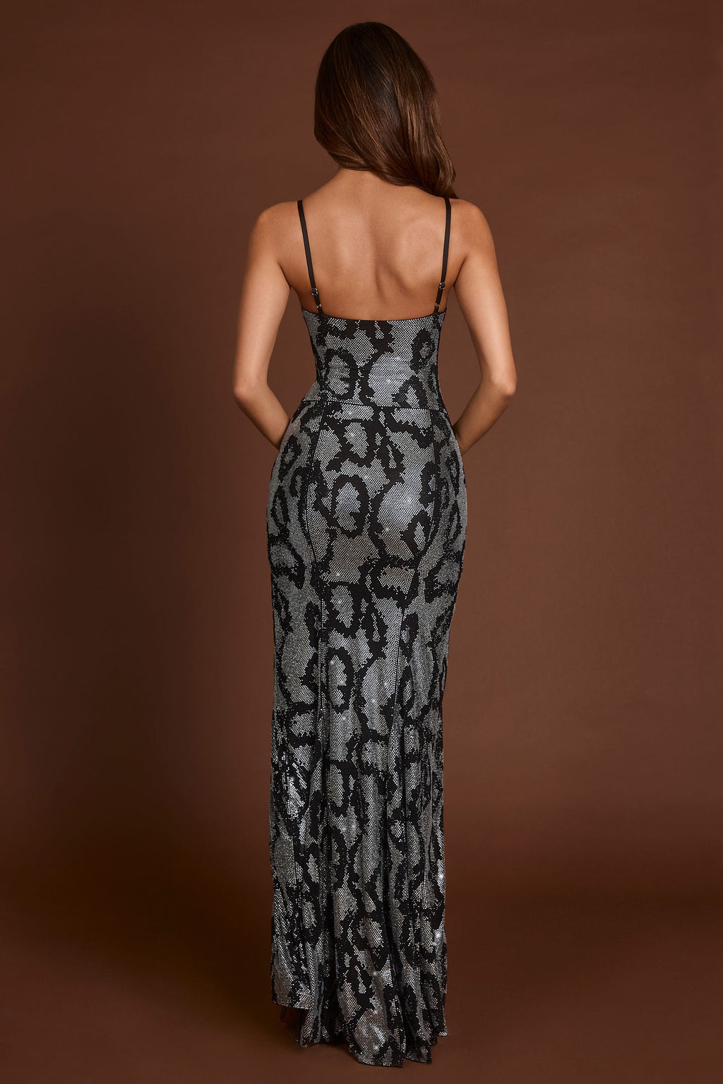 Chic Embellished Peekaboo Cowl-Neck Dress in Silver Snake