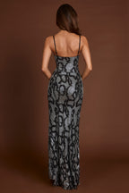 Chic Embellished Peekaboo Cowl-Neck Dress in Silver Snake