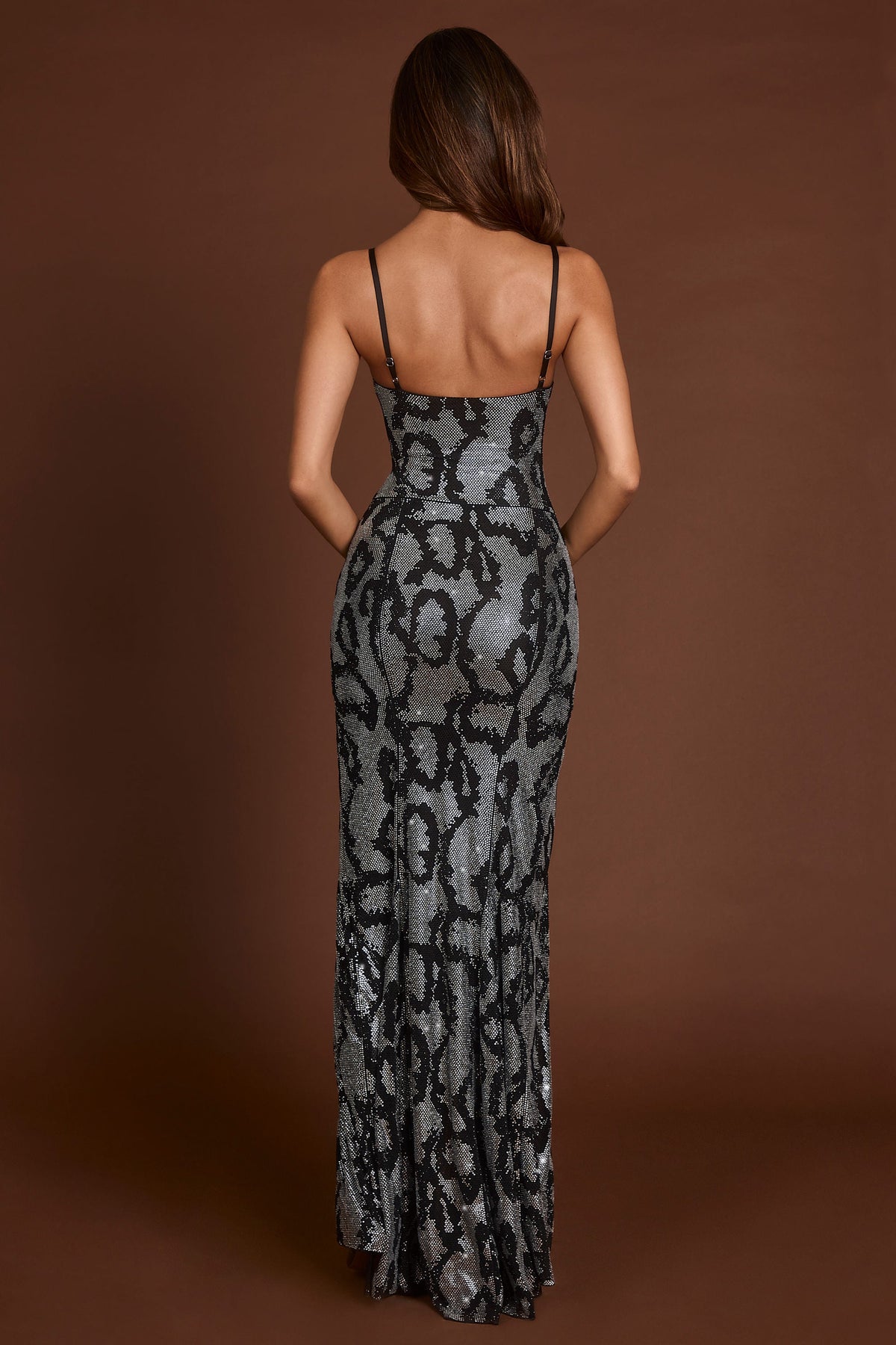 Chic Embellished Peekaboo Cowl-Neck Dress in Silver Snake