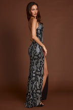Chic Embellished Peekaboo Cowl-Neck Dress in Silver Snake