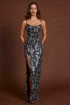 Chic Embellished Peekaboo Cowl-Neck Dress in Silver Snake