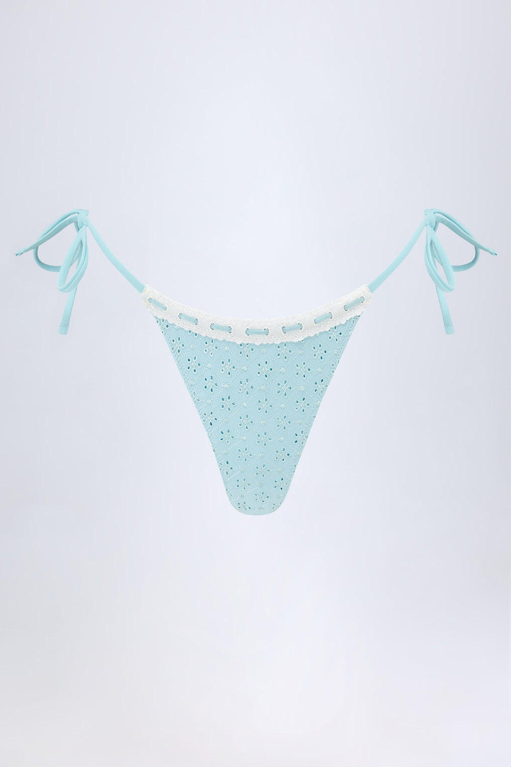 Chic Broderie Anglaise Side-Tie Thong Bikini Bottoms in Powder Blue