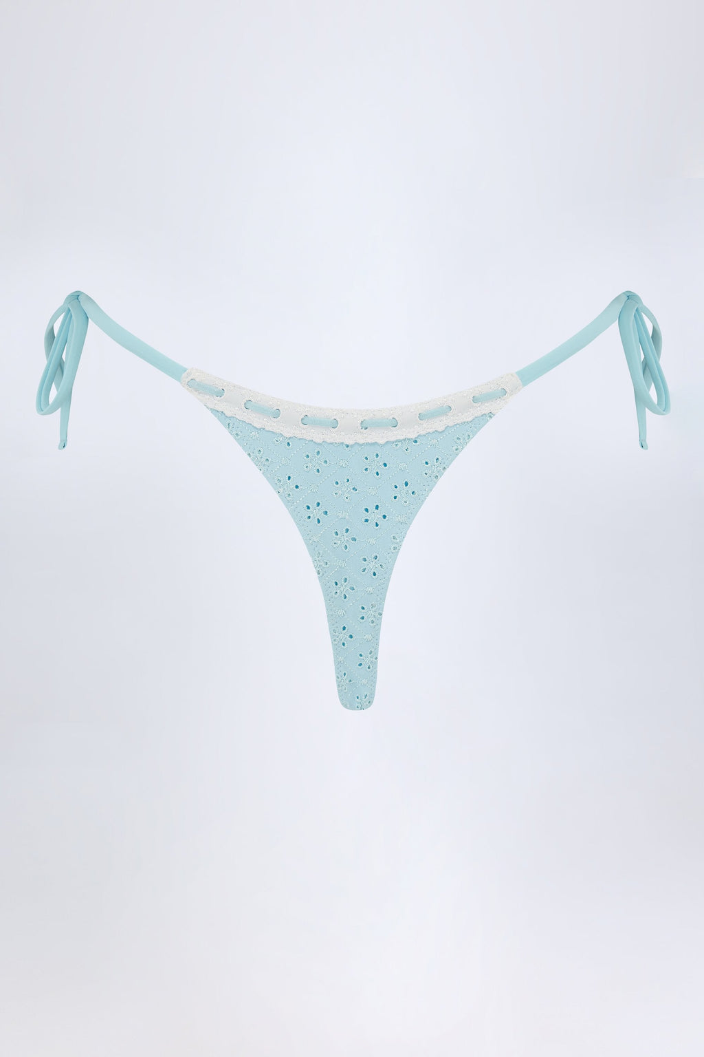 Chic Broderie Anglaise Side-Tie Thong Bikini Bottoms in Powder Blue