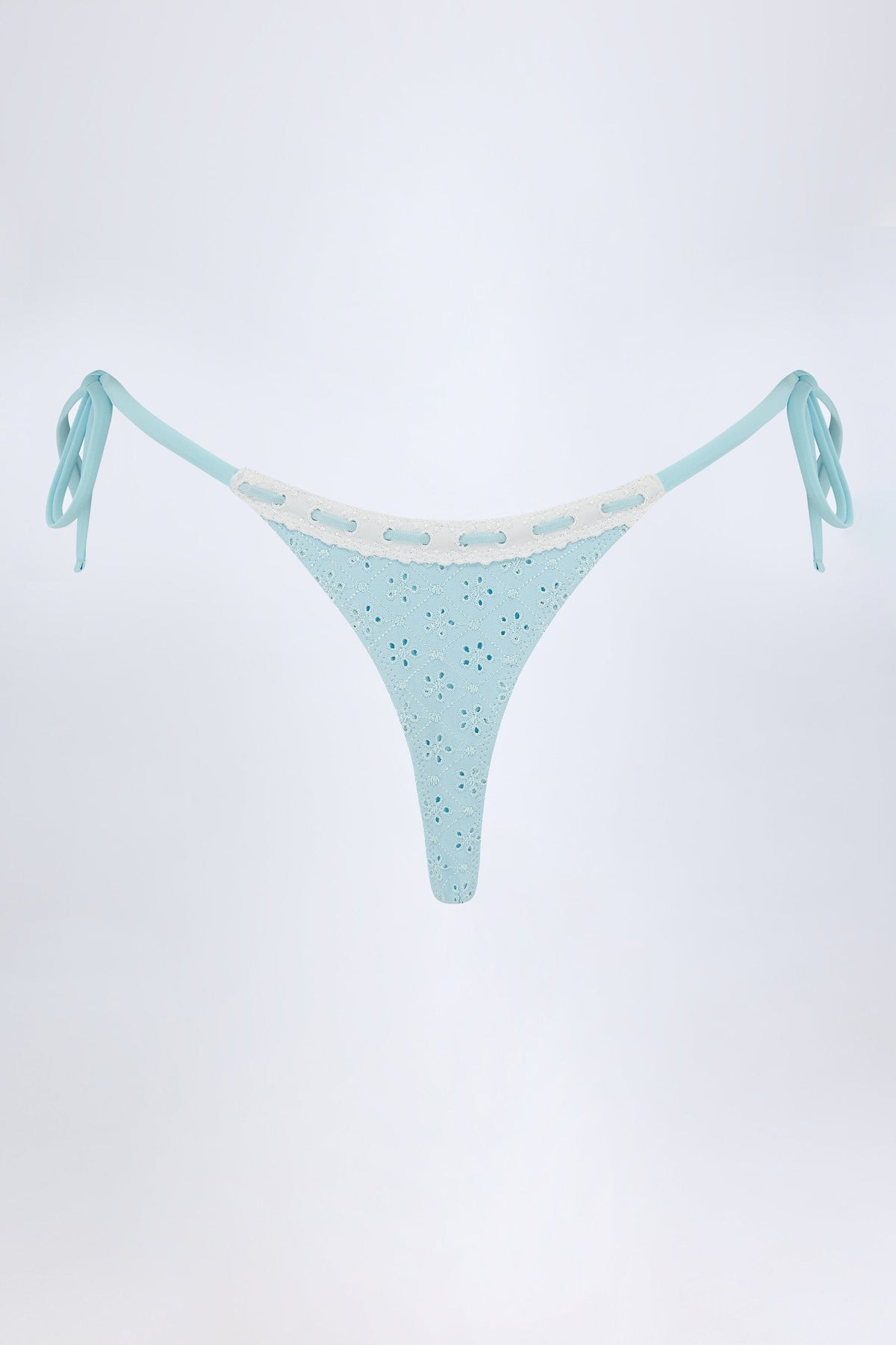 Chic Broderie Anglaise Side-Tie Thong Bikini Bottoms in Powder Blue