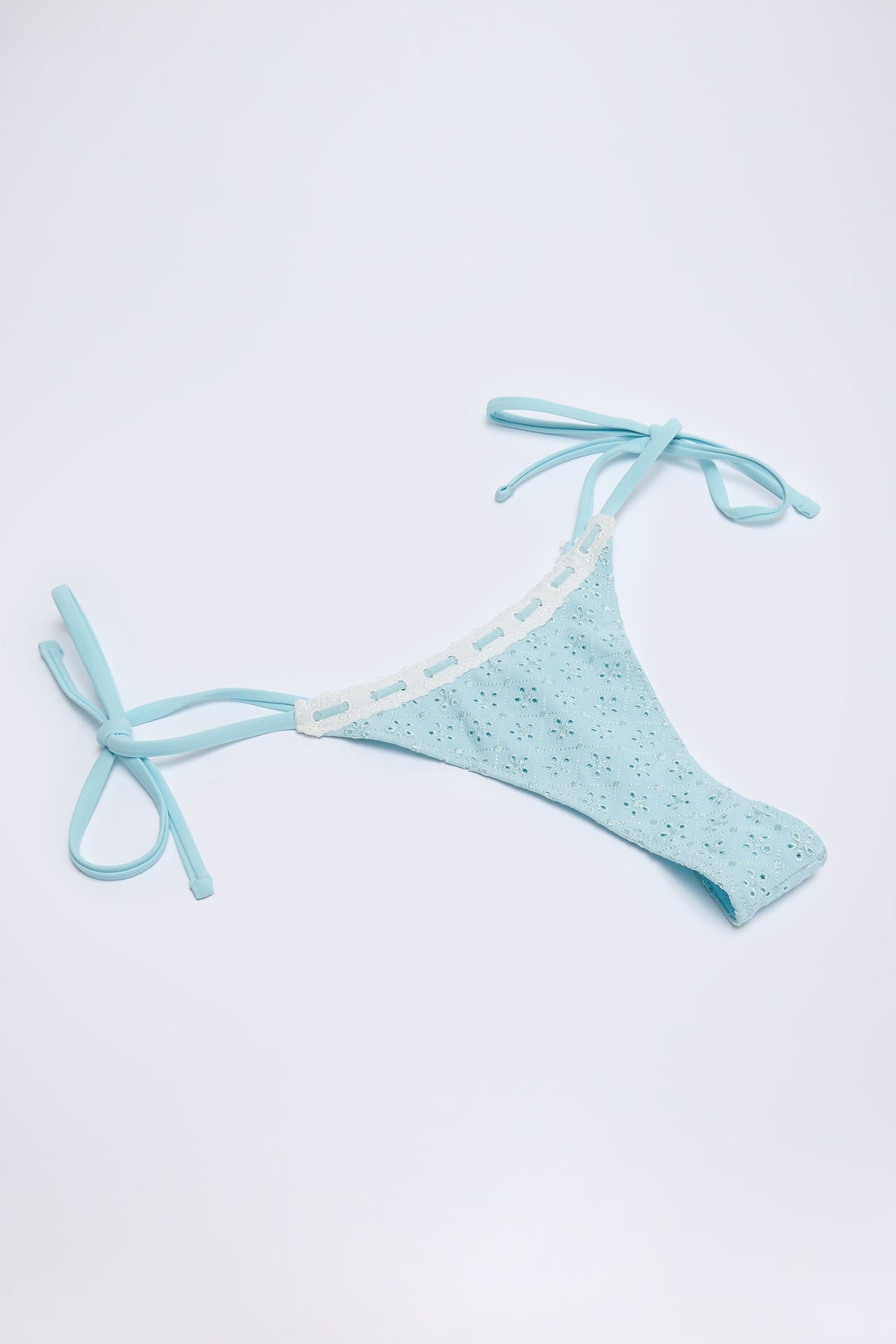 Chic Broderie Anglaise Side-Tie Thong Bikini Bottoms in Powder Blue