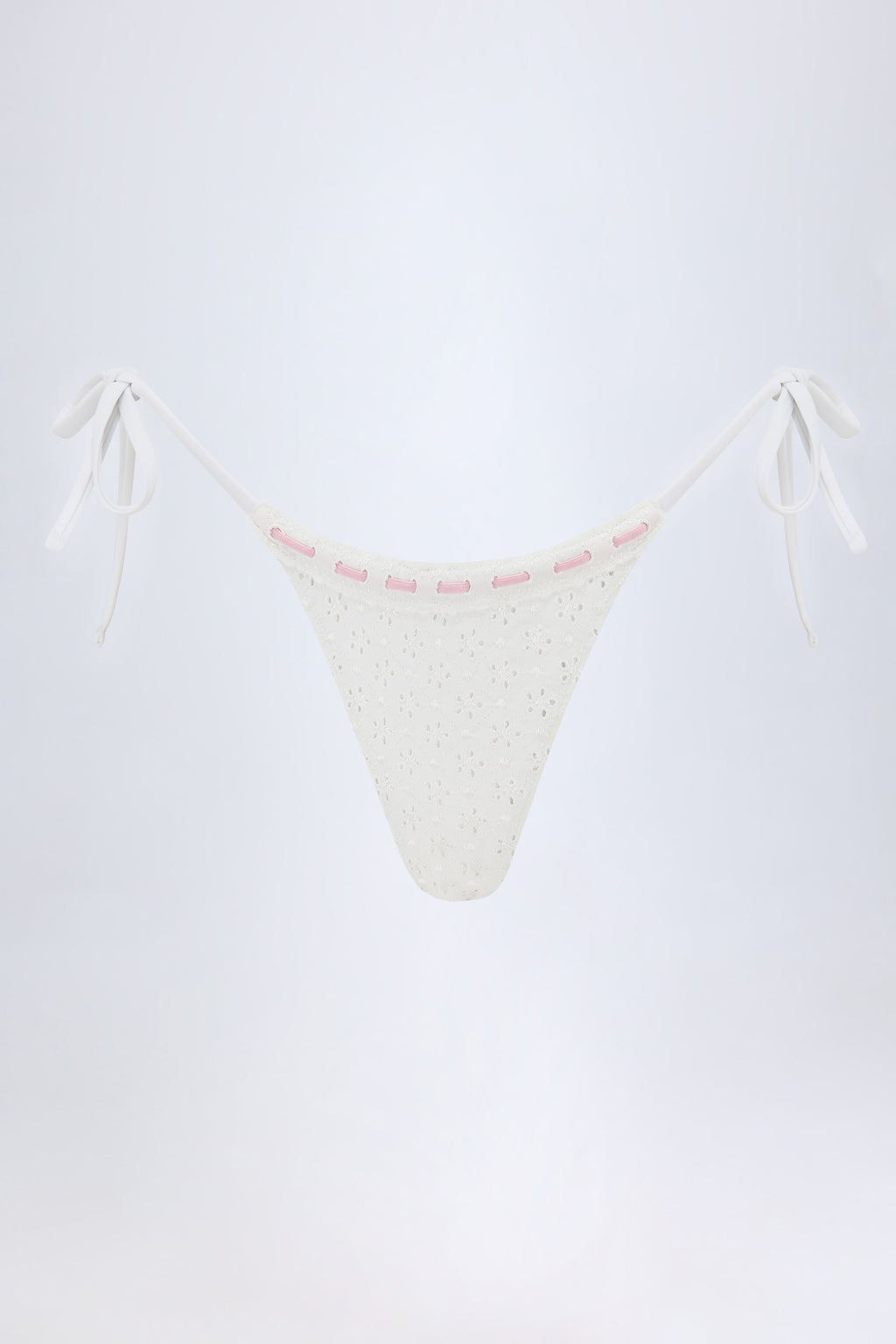 Chic Broderie Anglaise Side-Tie Thong Bikini Bottoms in White