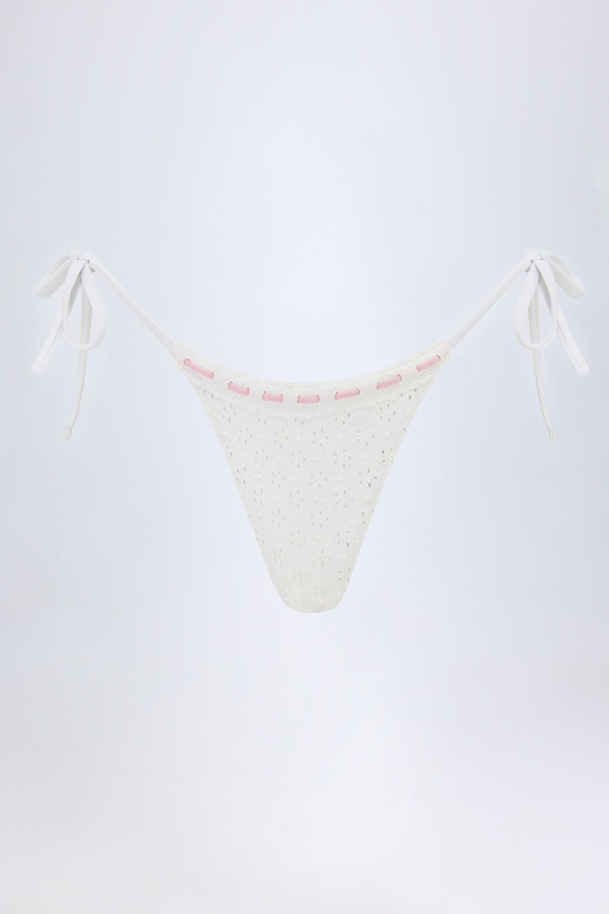 Chic Broderie Anglaise Side-Tie Thong Bikini Bottoms in White