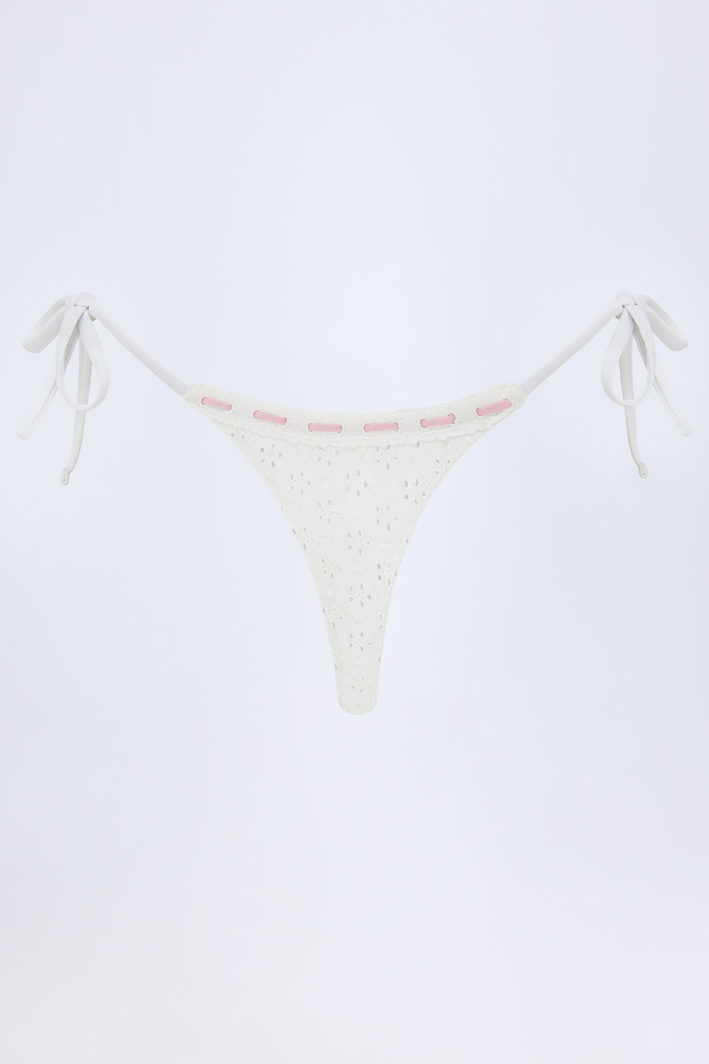 Chic Broderie Anglaise Side-Tie Thong Bikini Bottoms in White