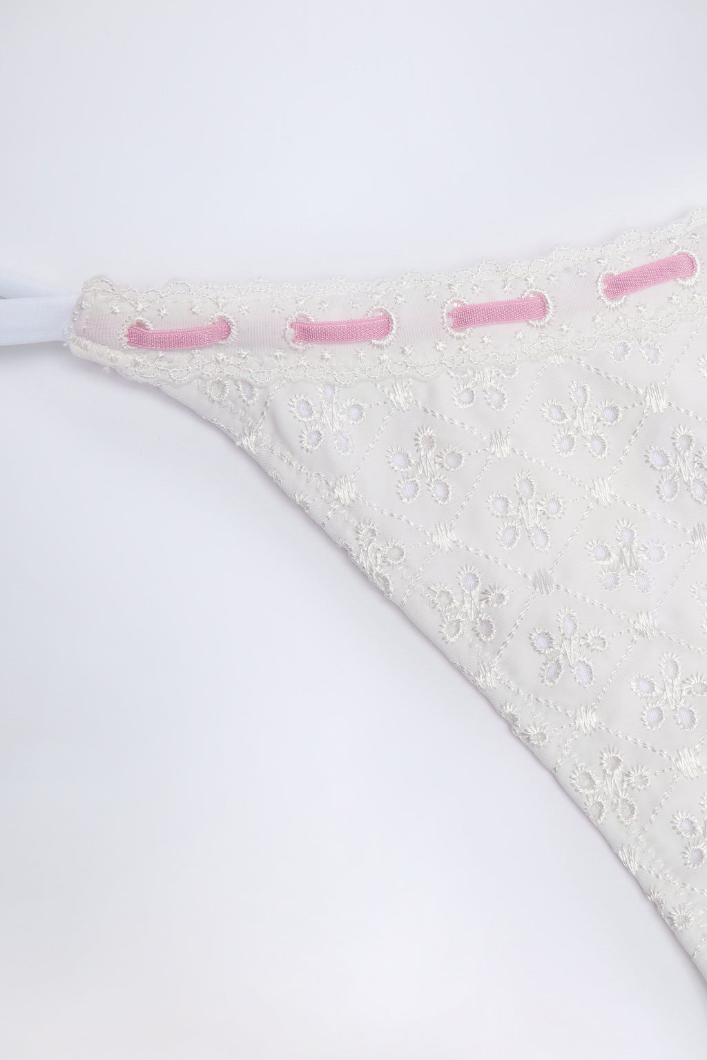 Chic Broderie Anglaise Side-Tie Thong Bikini Bottoms in White
