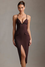 Chic Plunge-Neck Backless Midaxi Dress in Chocolate Brown