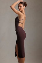 Chic Plunge-Neck Backless Midaxi Dress in Chocolate Brown