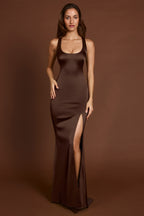 Chic Scoop-Neck Lace-up Back Maxi Dress in Chocolate Brown