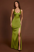 Chic Scoop-Neck Lace-up Back Maxi Dress in Olive Green