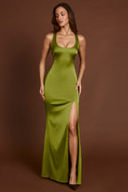 Chic Scoop-Neck Lace-up Back Maxi Dress in Olive Green