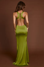 Chic Scoop-Neck Lace-up Back Maxi Dress in Olive Green