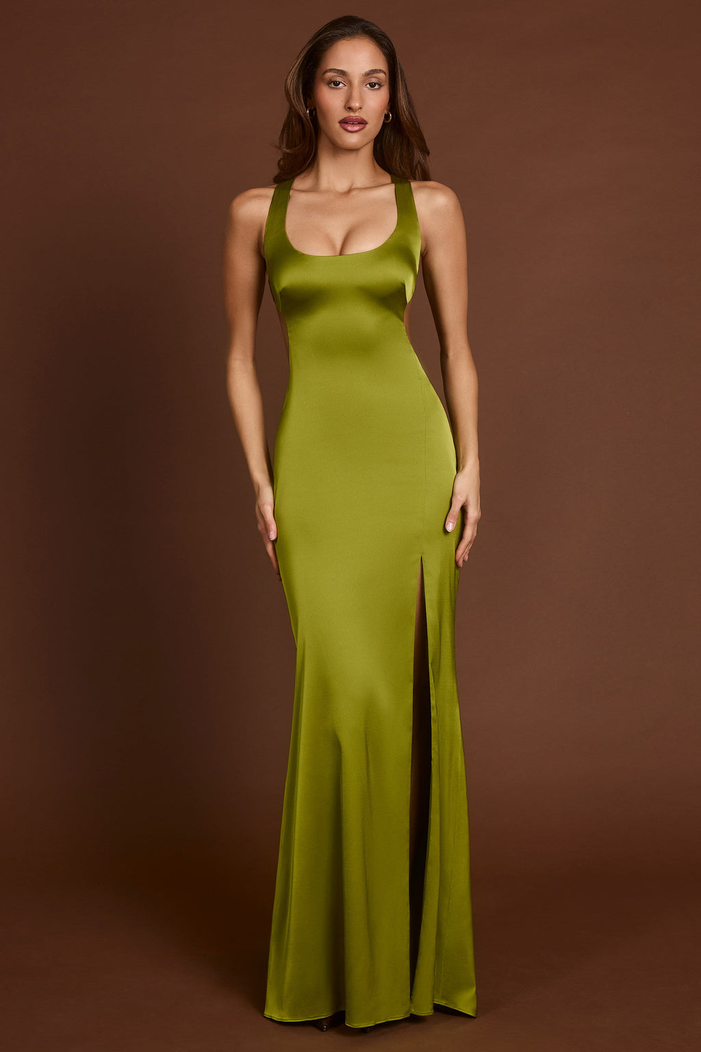 Chic Scoop-Neck Lace-up Back Maxi Dress in Olive Green