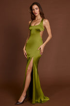 Chic Scoop-Neck Lace-up Back Maxi Dress in Olive Green