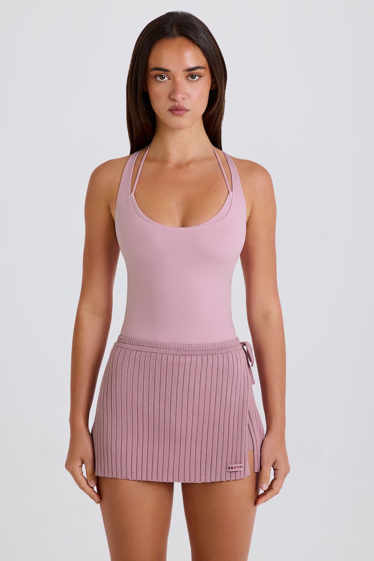Chic Ribbed Knit Tie Wrapover Skort in Mauve