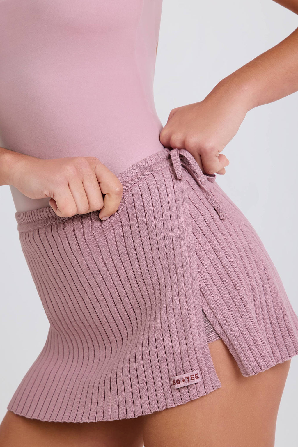 Chic Ribbed Knit Tie Wrapover Skort in Mauve
