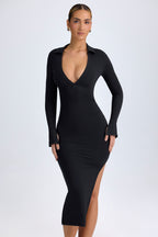 Chic Modal Plunge V-Neck Midaxi Dress in Black