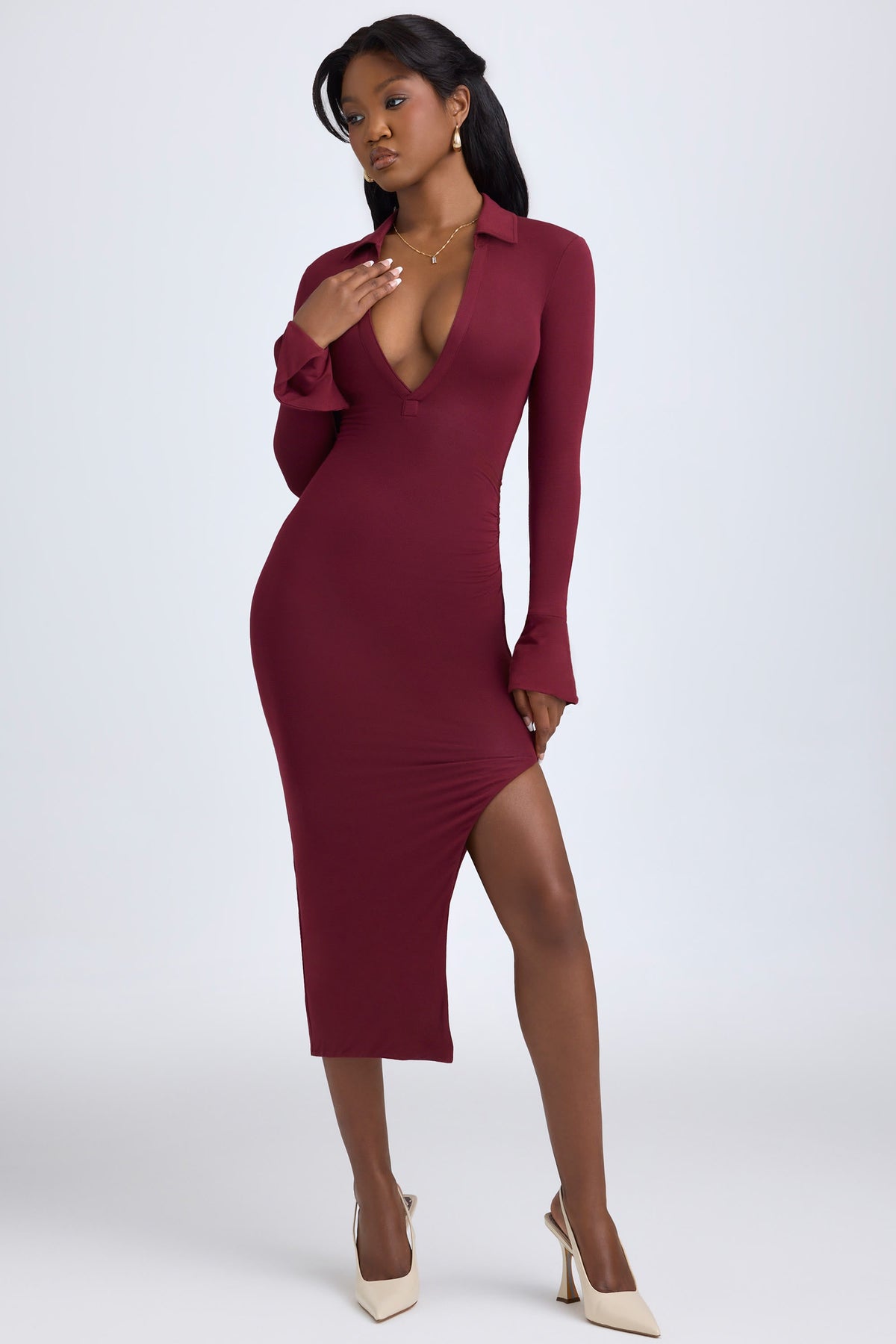 Chic Modal Plunge V-Neck Midaxi Dress in Wine Red