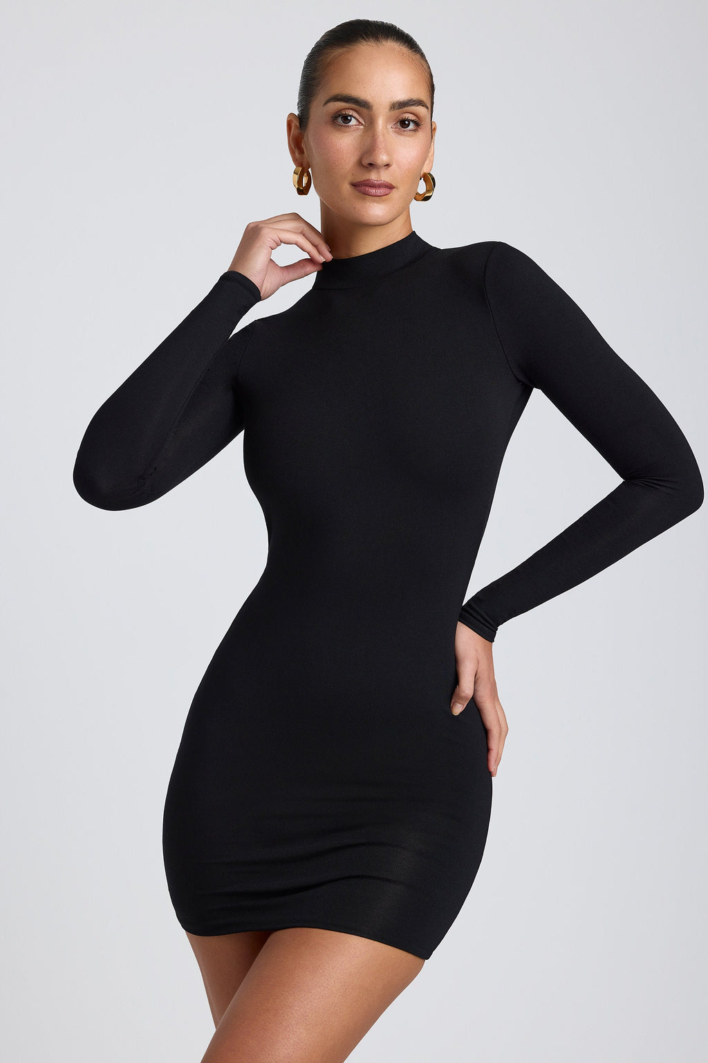 Chic Modal Open-Back Long-Sleeve Mini Dress in Black