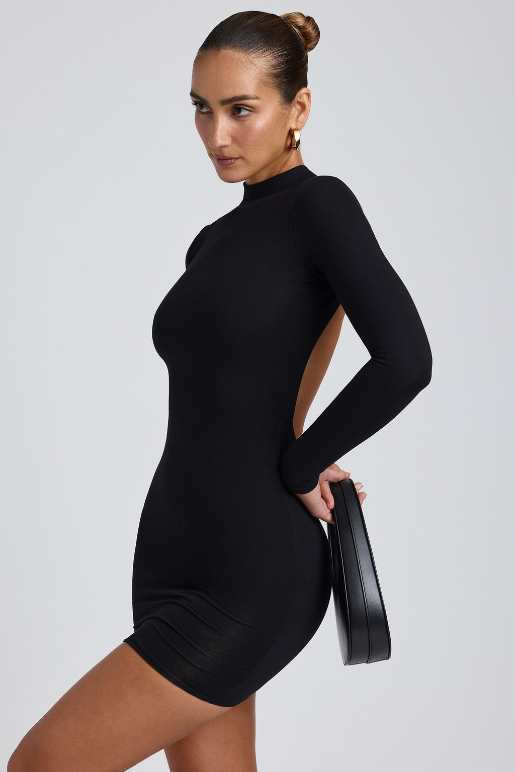 Chic Modal Open-Back Long-Sleeve Mini Dress in Black