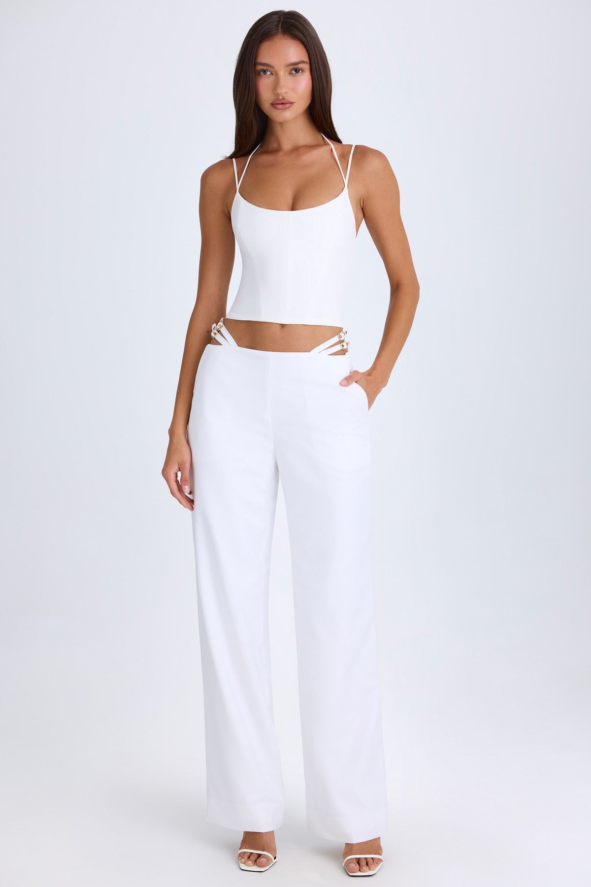 Chic Belted Cut-Out Wide-Leg Trousers in White