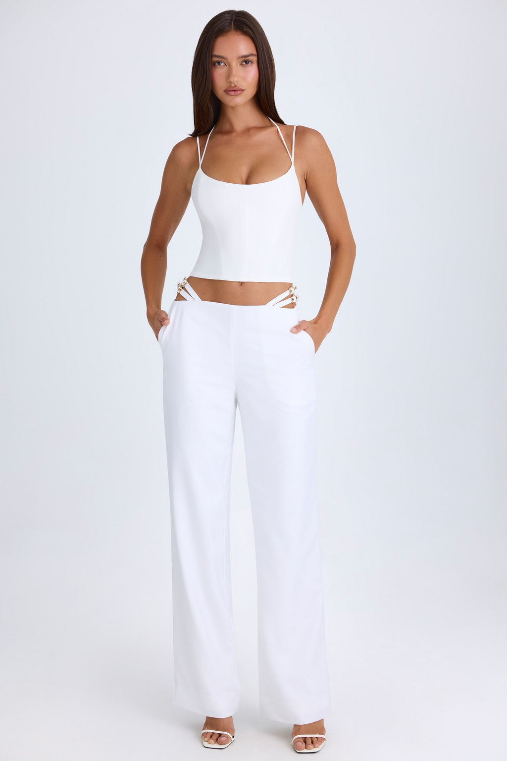 Chic Belted Cut-Out Wide-Leg Trousers in White