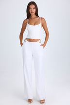 Chic Belted Cut-Out Wide-Leg Trousers in White