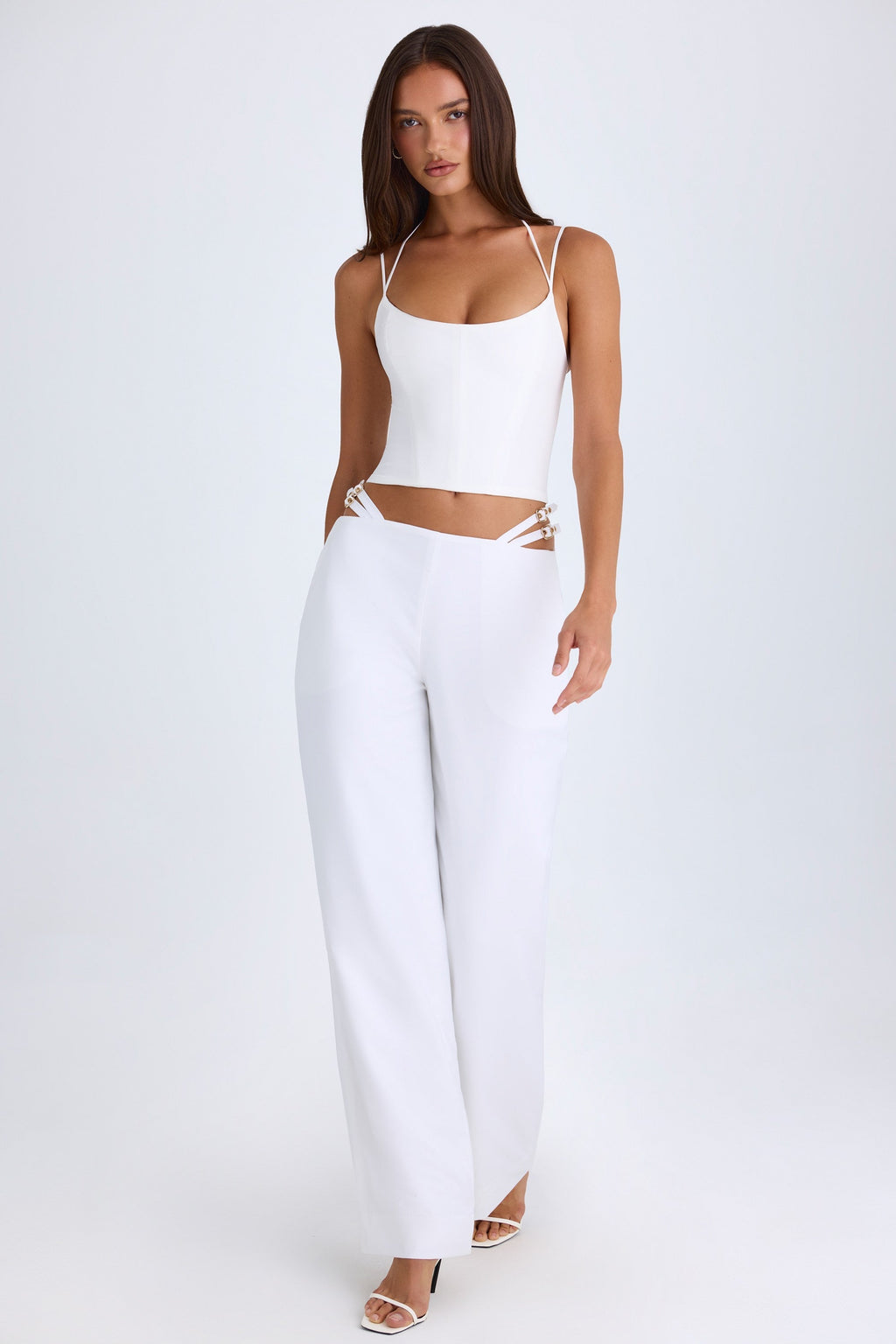 Chic Belted Cut-Out Wide-Leg Trousers in White