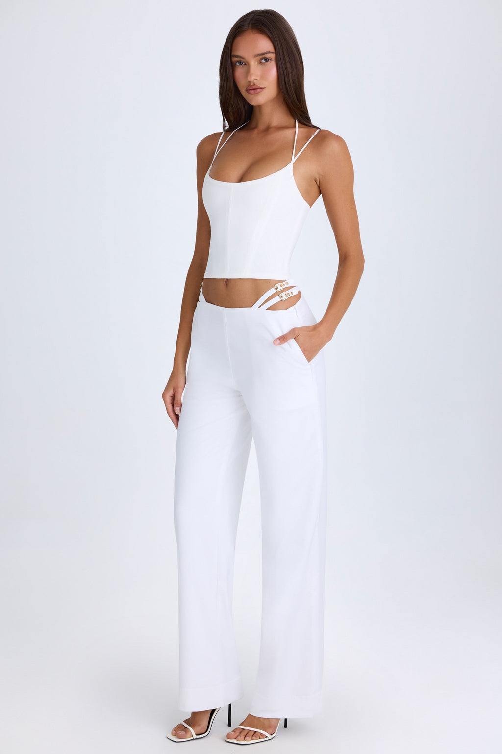 Chic Belted Cut-Out Wide-Leg Trousers in White