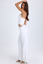 Chic Belted Cut-Out Wide-Leg Trousers in White
